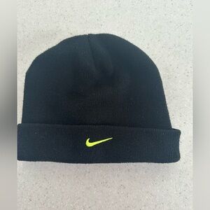 Nike Black Knit Beanie Hat with Bright Neon Yellow Logo. Youth Size.